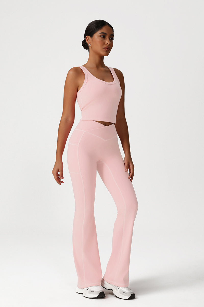 Women Naked Feel Yoga Set: V-Neck Tank + Flared Pants