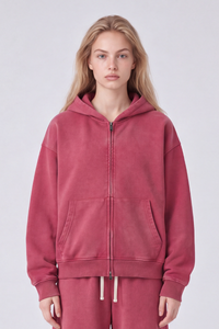 Women Fall 100% Cotton Retro Boxy Two-Way Zip Hooded Jacket