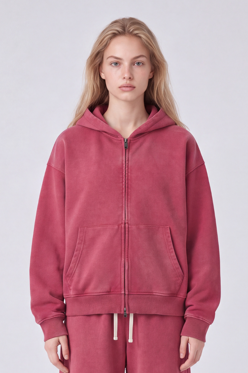 Women Fall 100% Cotton Retro Boxy Two-Way Zip Hooded Jacket