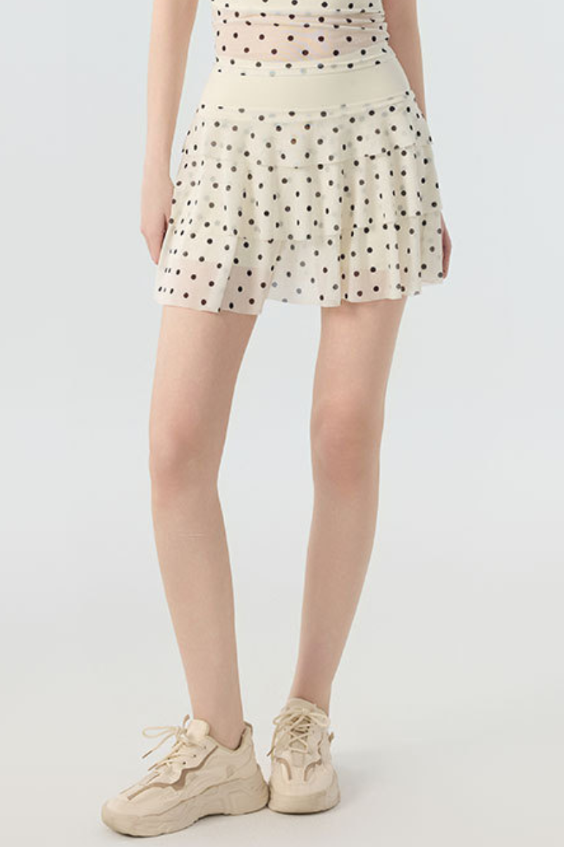 Women's Polka Dot Mesh High Waist Tiered Sports Skort