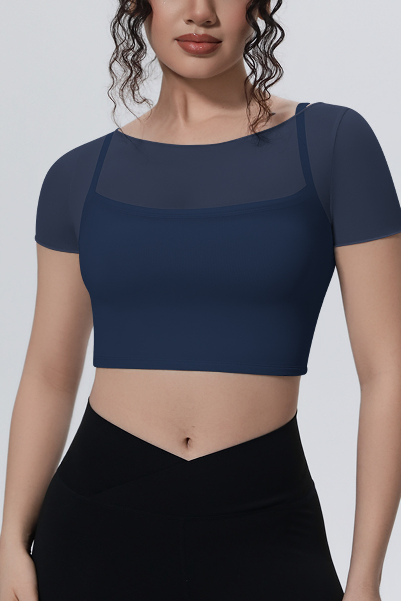 Women's Summer Athletic Mesh Stitched Mock Two-Piece Tee