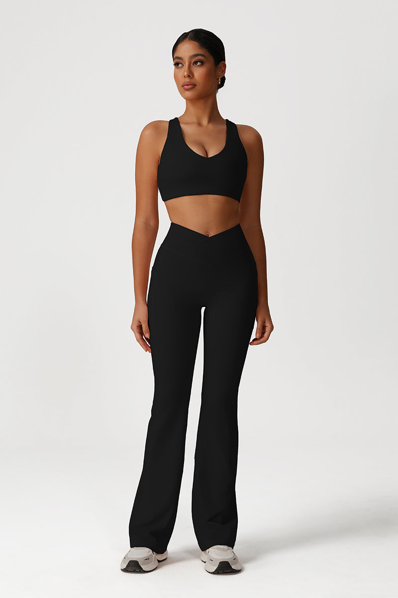 Women Fitness Yoga Set: Cross Back Sports Bra + Flared Leggings