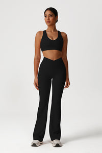 Women Fitness Yoga Set: Cross Back Sports Bra + Flared Leggings