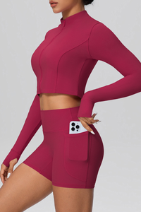 Women's Sport Set:Mock Neck Jacket And Side Pocket Shorts