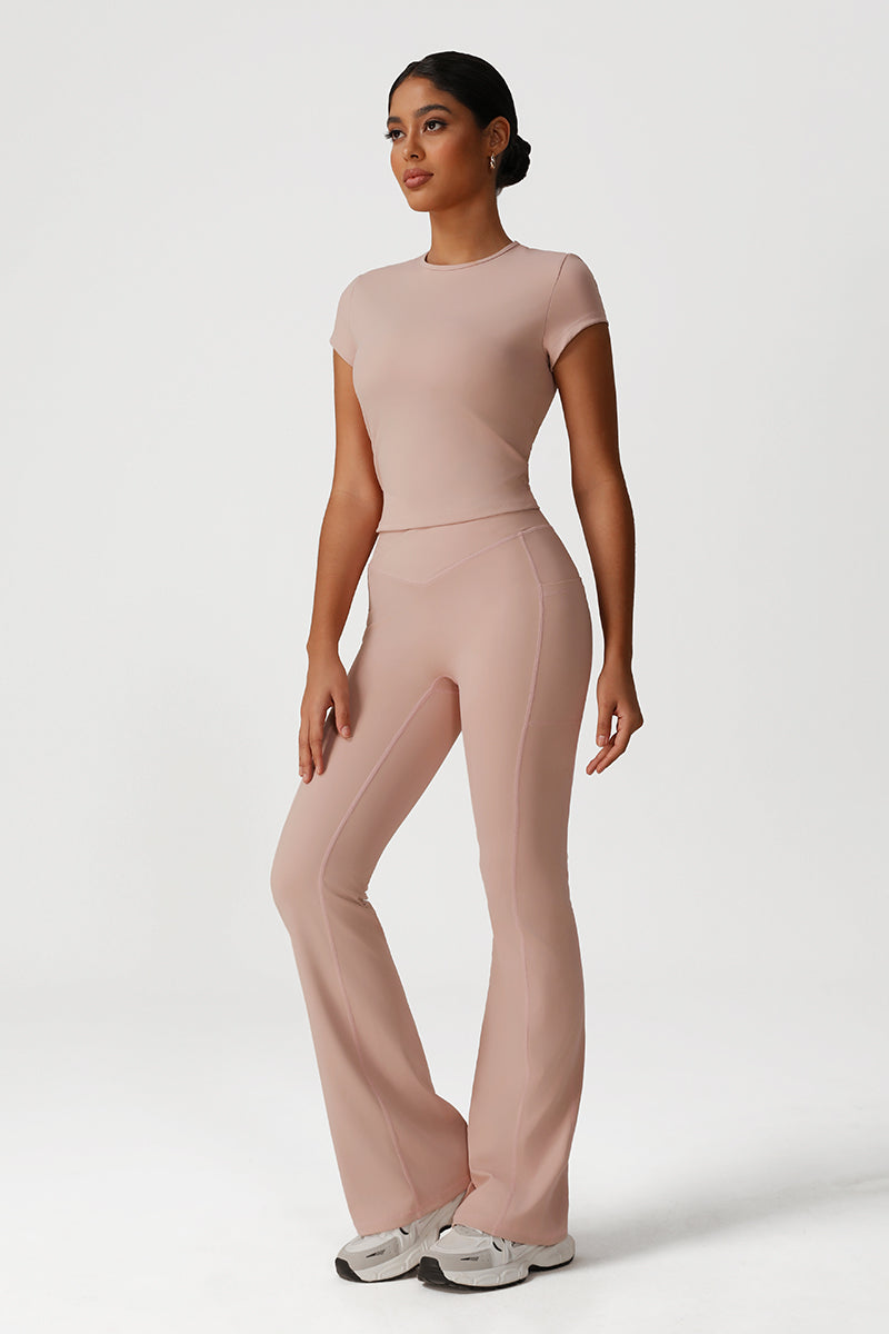 Women Naked Feel Yoga Set: Short Sleeve Top + Flared Pants