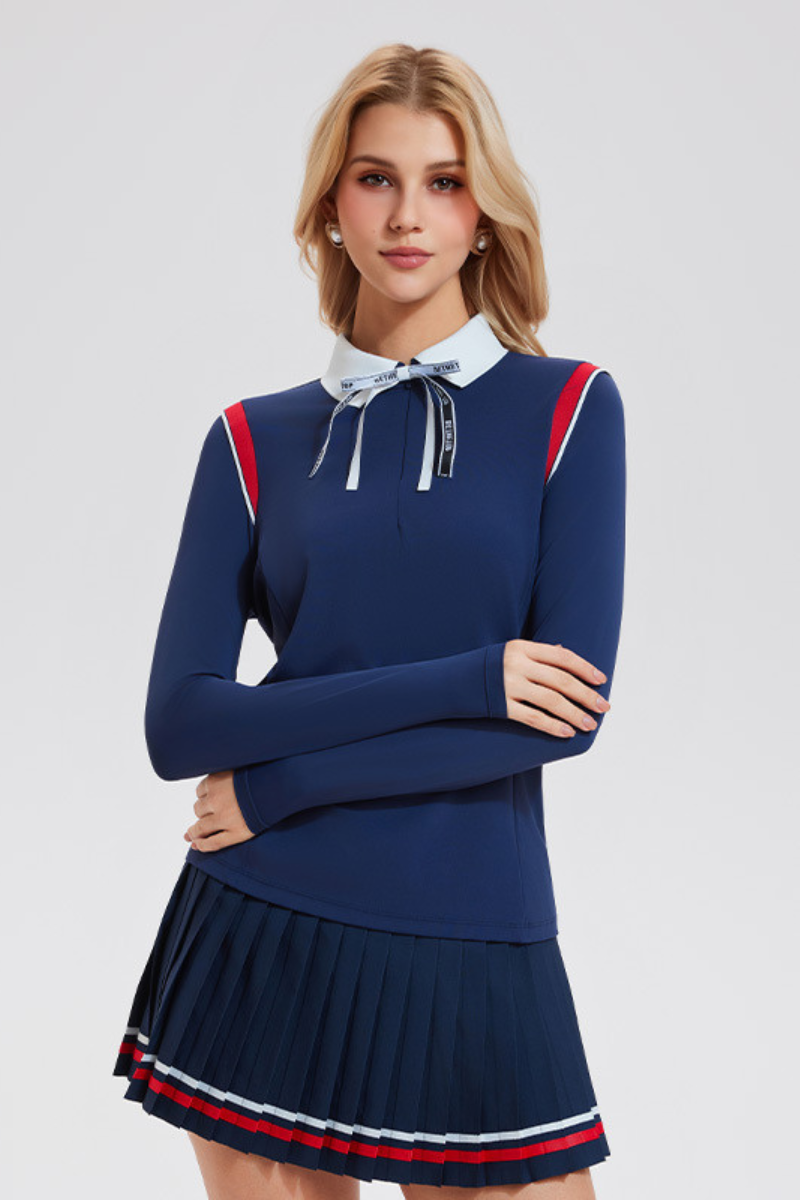 Women's Color-Block Set:Polo Collar Top & Pleat Mini Skirt