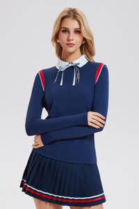 Women's Color-Block Set:Polo Collar Top & Pleat Mini Skirt