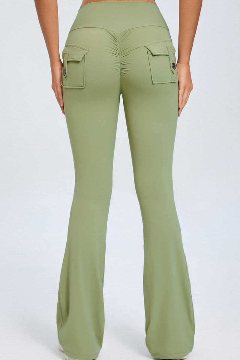 Women Button High Waist Wide Leg Peach Lift Hip Micro Pants Fitness Sports Quick Dry Yoga Pants