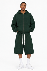 Men's 100% Cotton Loungewear Sets:Hooded Jacket &Mid Shorts