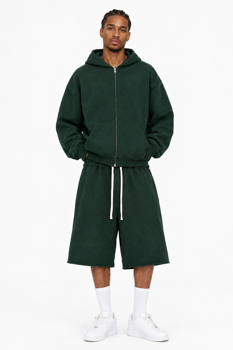 Men's 100% Cotton Loungewear Sets:Hooded Jacket &Mid Shorts