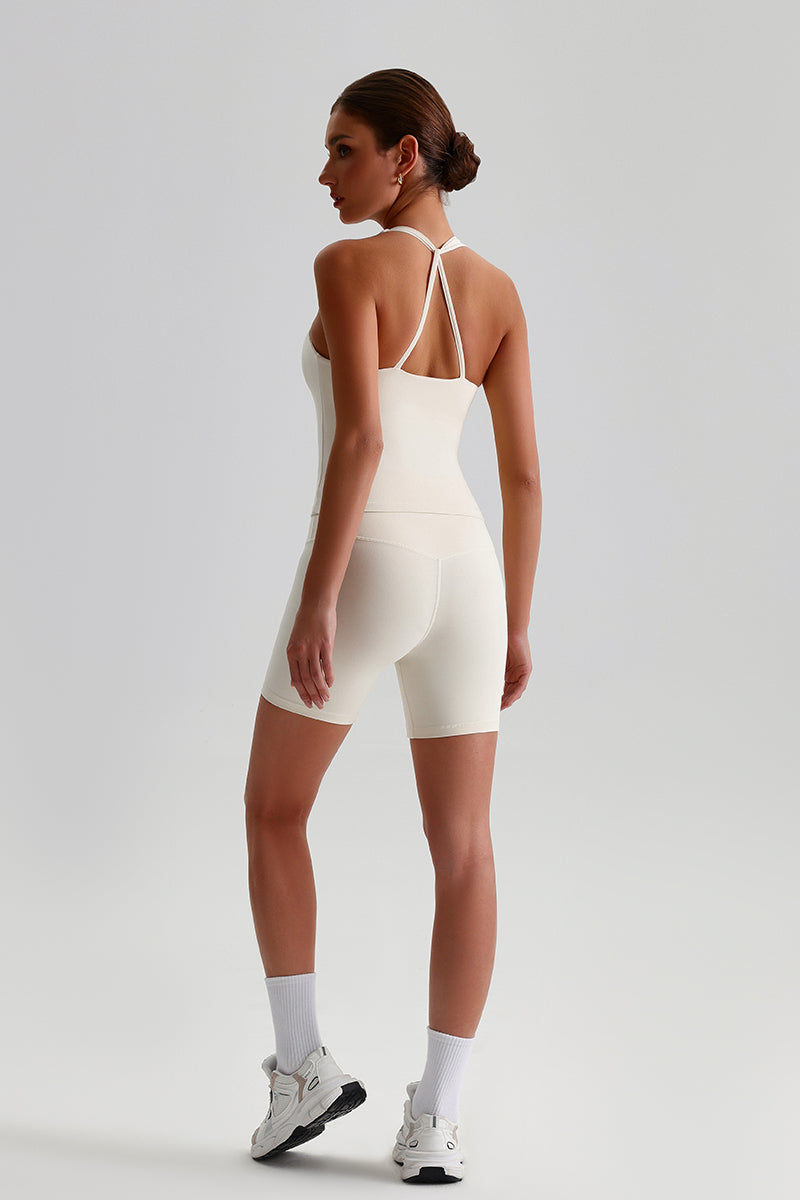 Women Solid Naked Sensation Yoga Set: High-Waisted Sculpting Shorts + Crisscross Back Support Bra