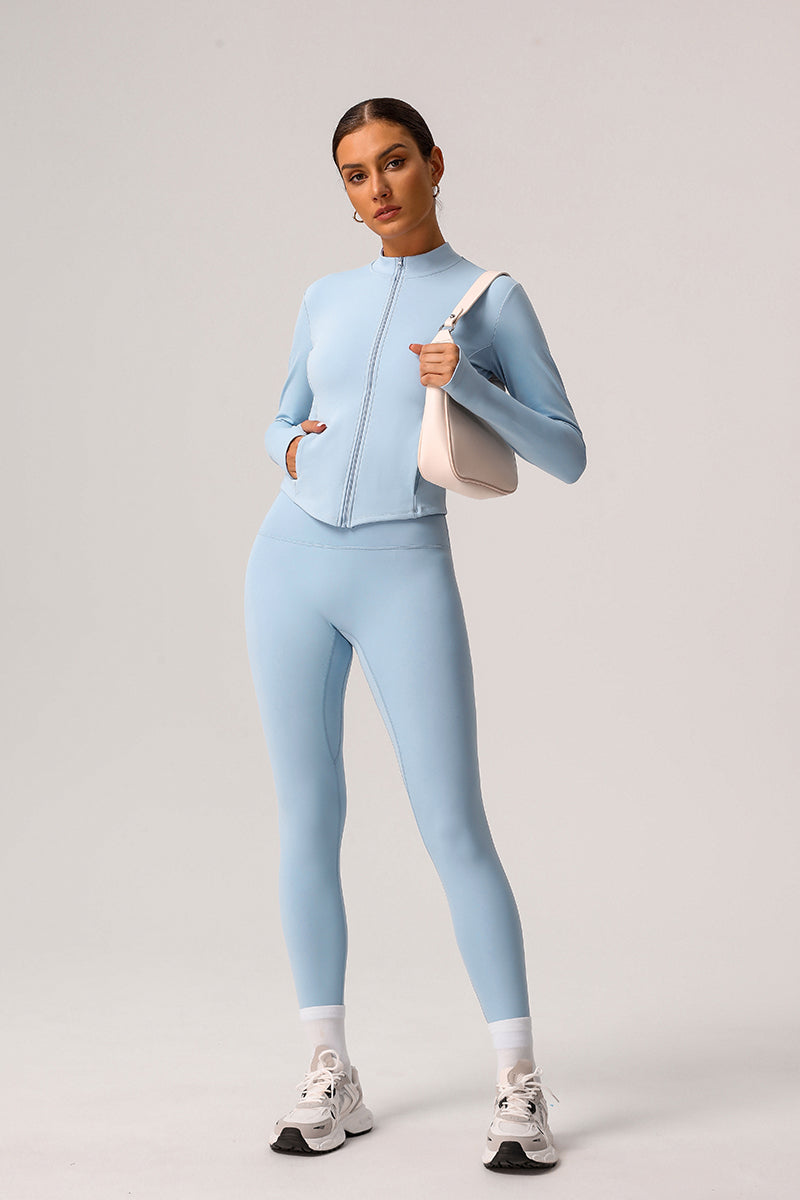 2 Pcs Set Solid Light Fleece Jacket + Belly Controlling Sports Leggings