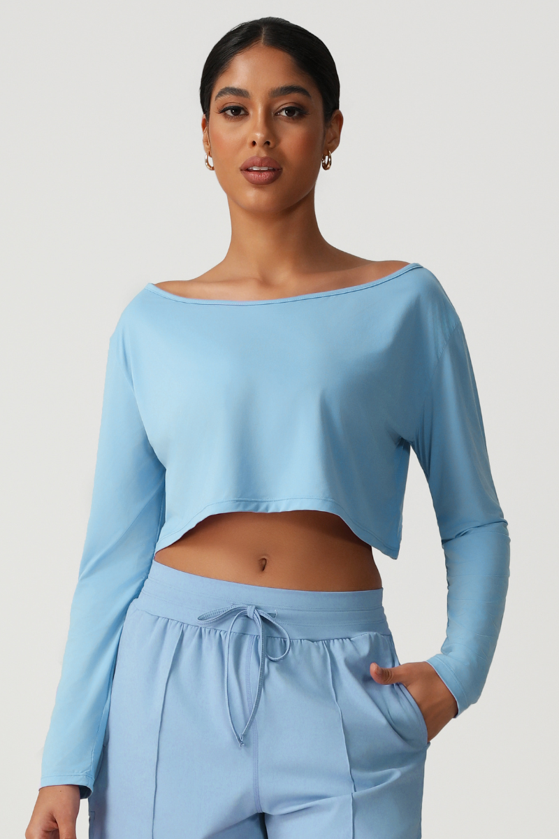 Women's Off Shoulder Cropped Workout Long Sleeve Top