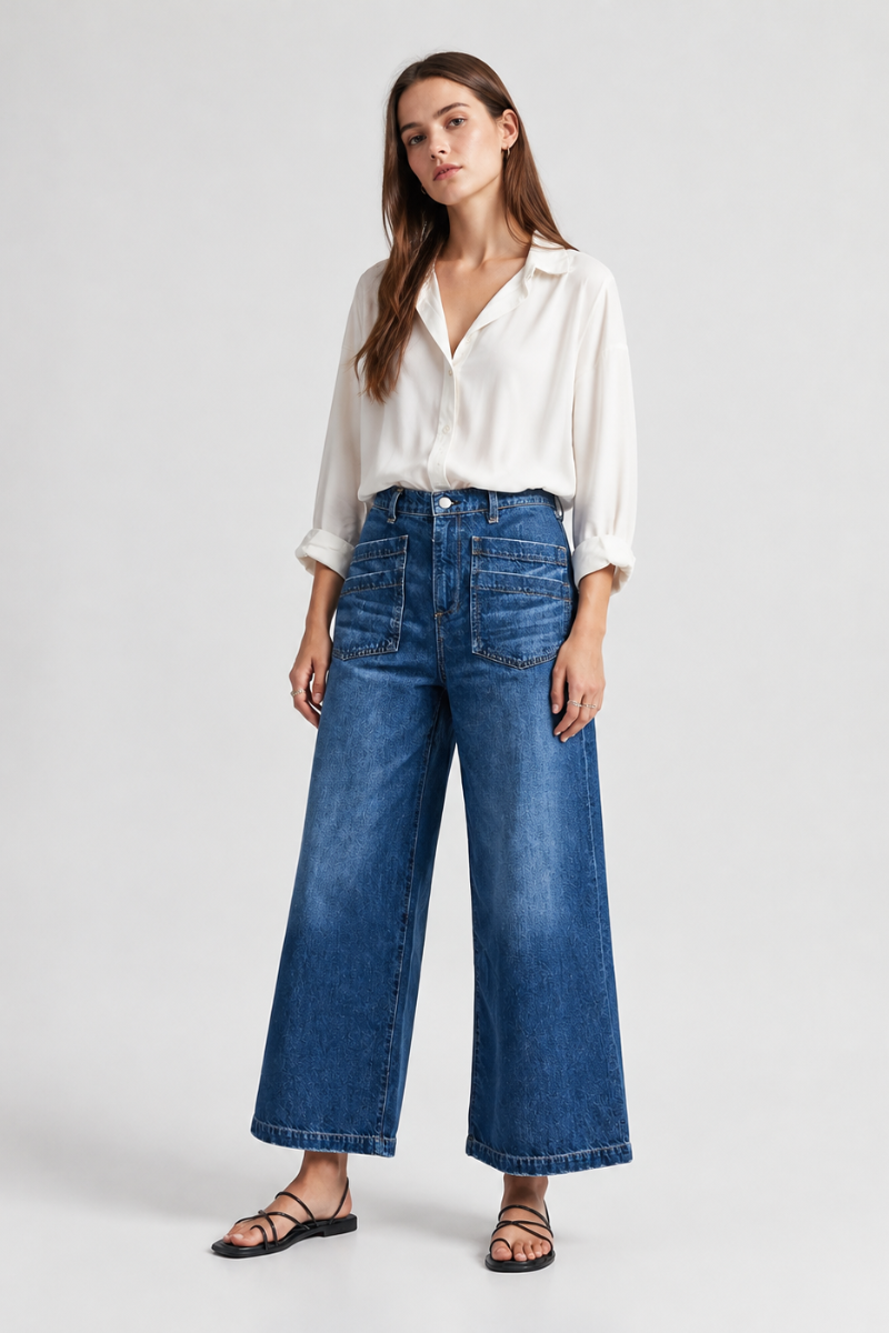 Women's High Waisted Wide Leg Jeans with Front Patch Pockets
