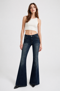 Women's Mid-Rise Flare Jeans with Retro Embroidery