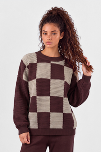 Women's Loungewear Contrast Checkerboard Loose Knit Sweater