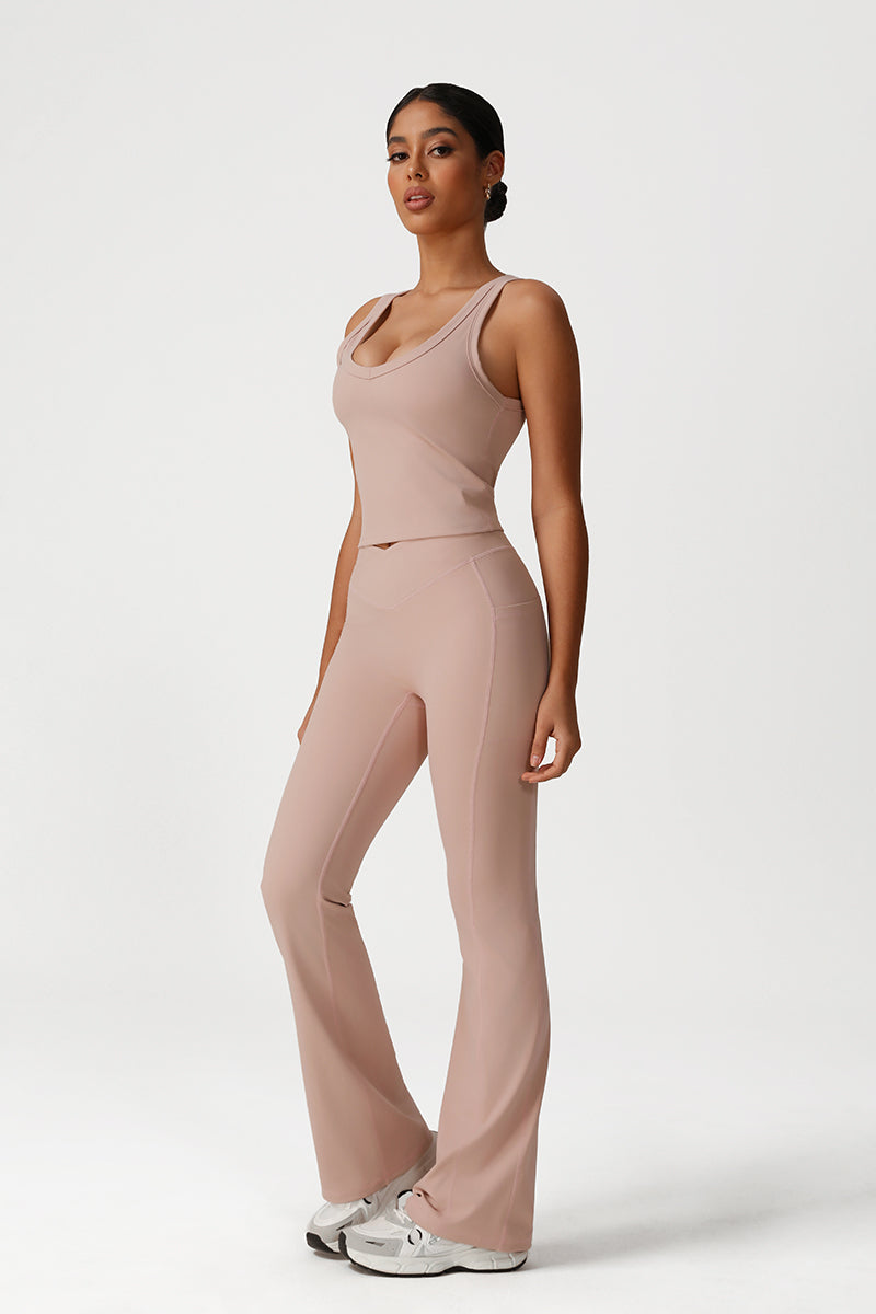 Women Naked Feel Yoga Set: V-Neck Tank + Flared Pants