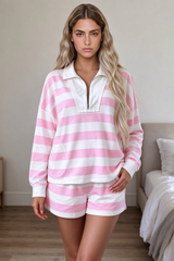 Women's Pink White Striped Half Zip Sweatshirt & Short Sets