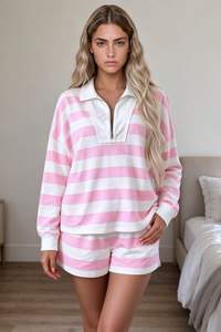 Women's Pink White Striped Half Zip Sweatshirt & Short Sets