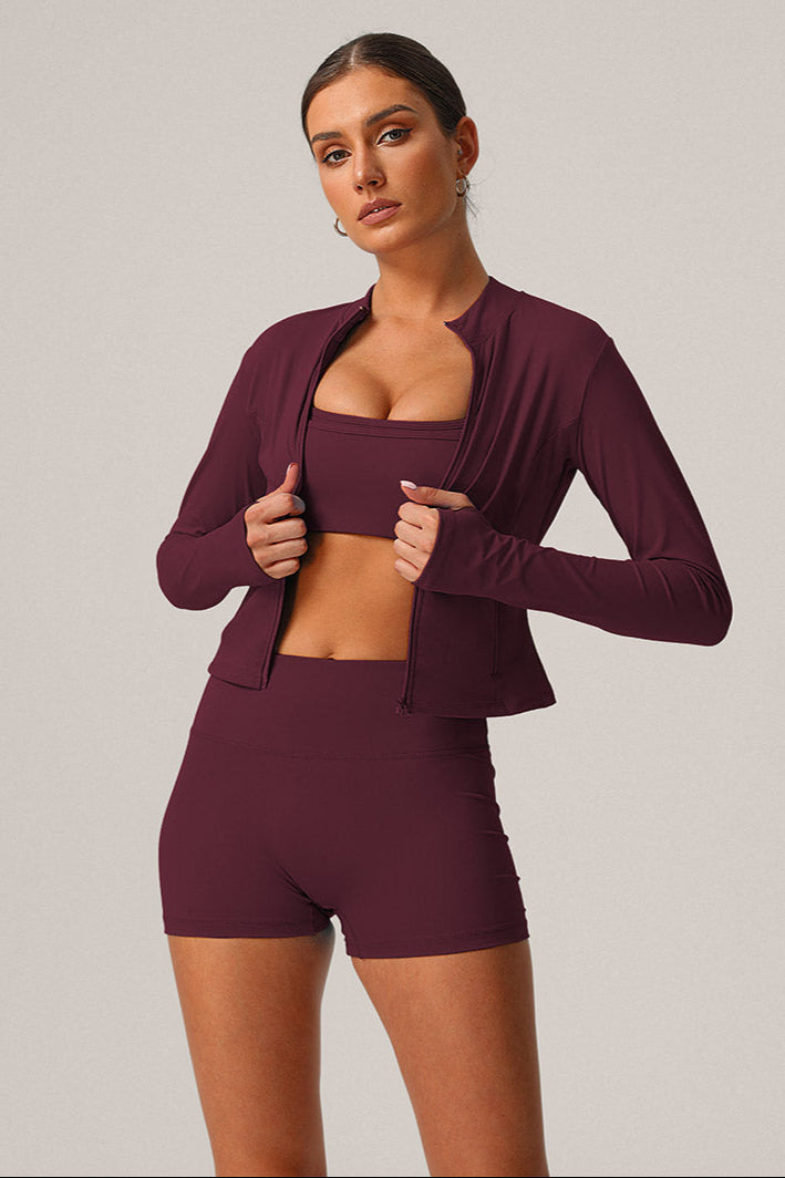 3 Pcs Set Halter Neck Fitness Running Sports Bra + Zipper Pocket Running Jacket + Push-Up Shorts