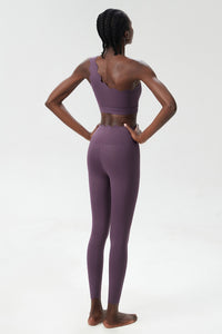 Women Wave Hem Liquid Yoga Set - One-Shoulder Bra & Sculpting Leggings
