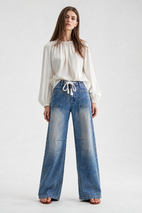Women's High Waist Drawstring Wide Leg Jeans