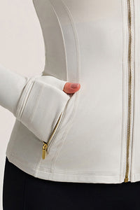 Women Stand Collar Gold Zipper Slim Fit Yoga Jacket Running Workout Top