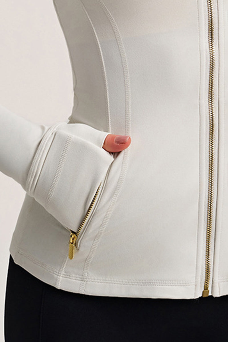 Women Stand Collar Gold Zipper Slim Fit Yoga Jacket Running Workout Top