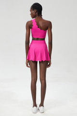Women Wave Scoop-Neck Seamless Plus Size Tennis Set - Quick-Dry One-Shoulder Bra & Ruffle Hem Skirt