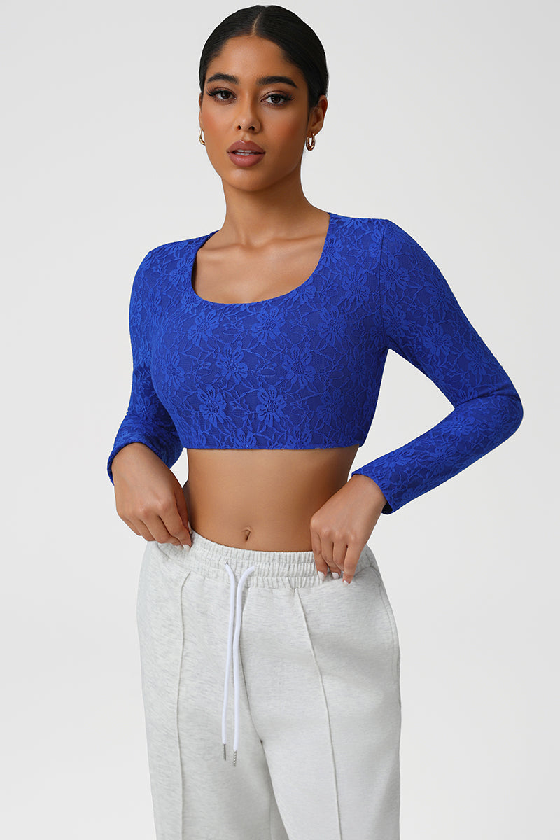 Women Lace Square Neck Cropped Yoga Long Sleeves