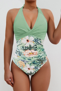 Women's Halter Deep-V Twist-Front Floral Print Swimsuit