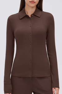 Women's Button-Front Polo Slim Fit Shirt Long-Sleeve Top