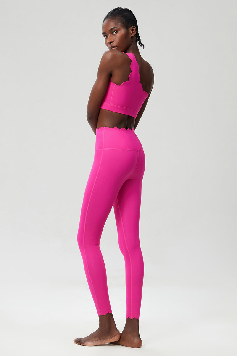 Women Wave Hem Liquid Yoga Set - One-Shoulder Bra & Sculpting Leggings