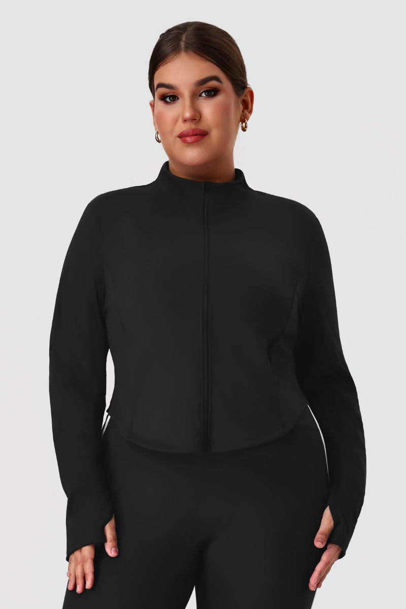 Plus Size Women's Fitted Mock Neck Long Sleeve Pocket Yoga Jacket