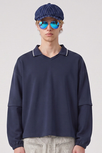 Men's Fall V-Neck Polo Collar Detachable-Sleeve Sweatshirt