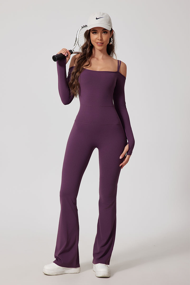 Women'S Off-The-Shoulder Double-Strap One-Piece Long-Sleeved Flared Pants Bodysuit