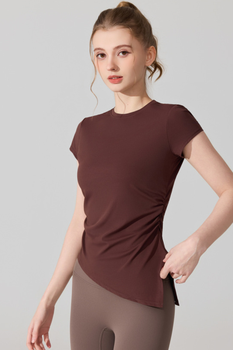 Women's Summer Side Ruched Asymmetrical Hem Sports T-Shirt