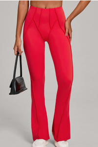 Wide-leg, snug, textured, and high-waisted flared pants