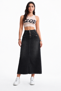 Women's High Waist Button Fly Denim Maxi Skirt