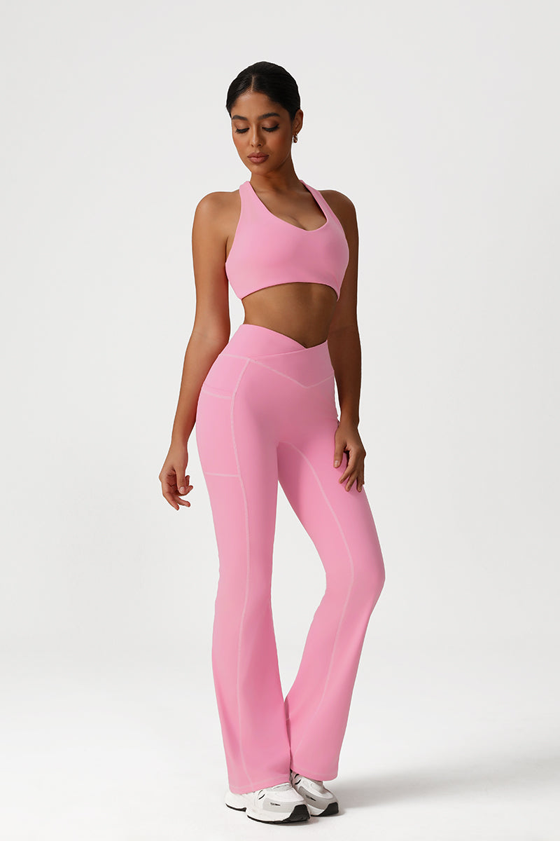 Women Fitness Yoga Set: Cross Back Sports Bra + Flared Leggings