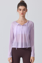Women's Lightweight Sheer Drawstring Cropped Yoga T-shirts