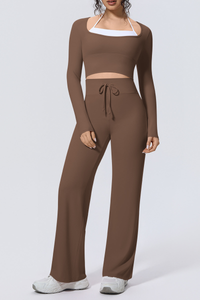 Women Sets:Cropped Long Sleeve T-shirt And Straight Leg Pant