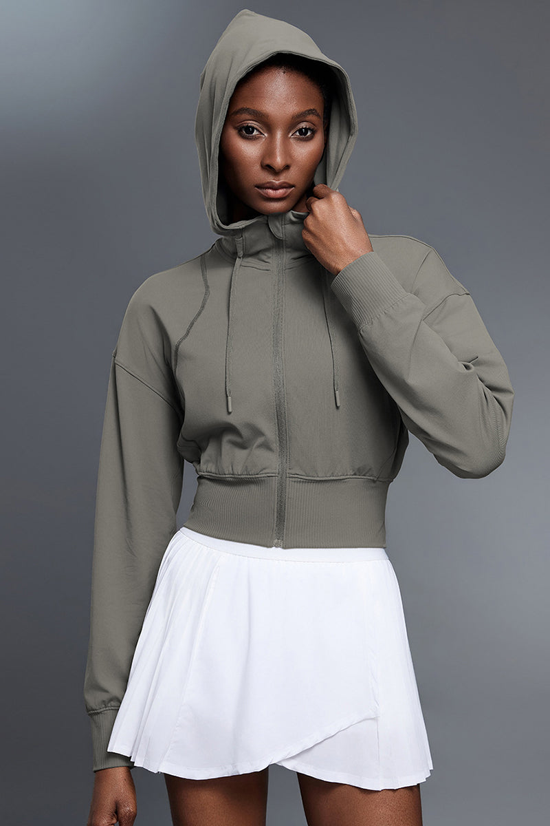 Women Hooded Short Waist-Tie Open-Front Yoga Sportswear Jacket