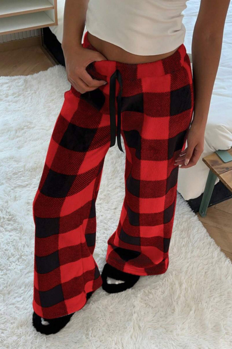 Women's Winter Plaid Coral Fleece Drawstring Wide Leg Pants