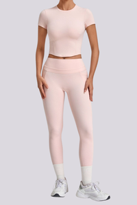 Women's Crew Neck T-shirt Pocket Leggings Yoga 2 Piece Set