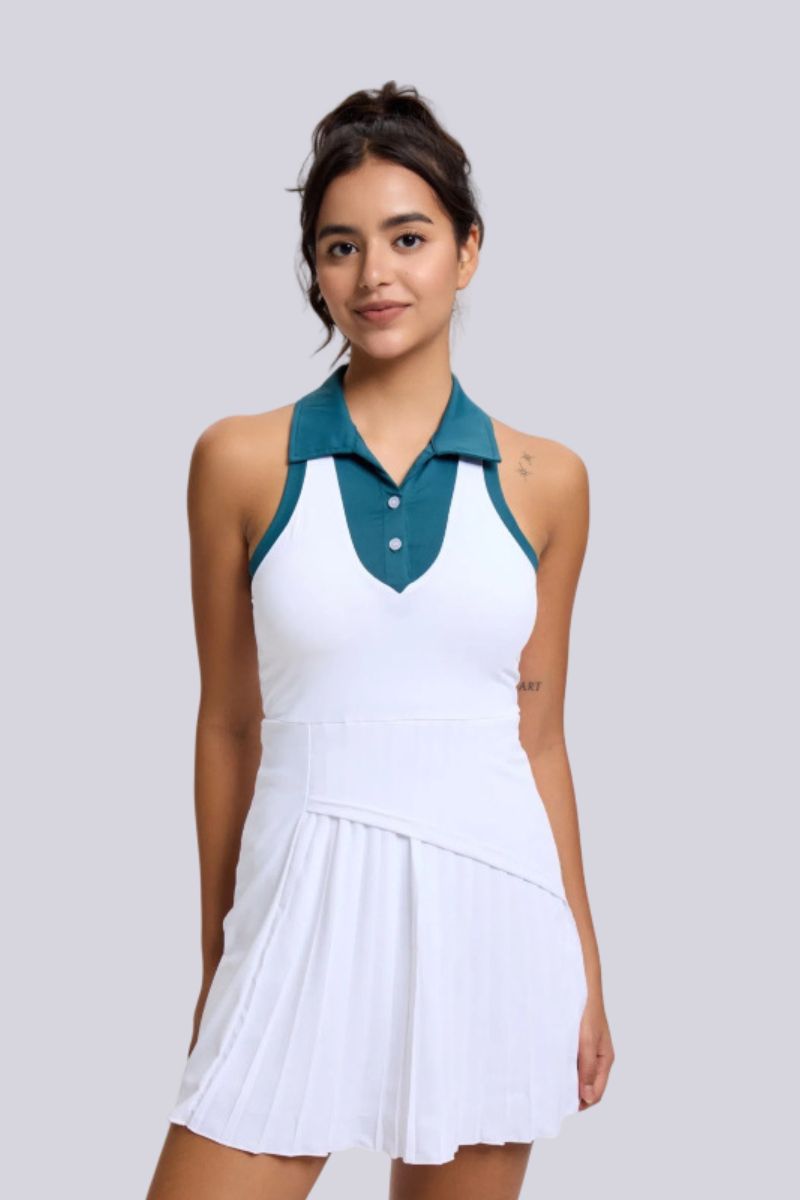 Women's Tennis Contrasting Sports Pleated Dress White / M
