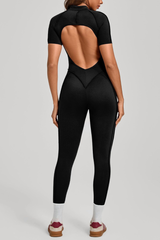 Women's Half-Zip Short Sleeve Open Back Jumpsuit