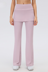 Women's Fake 2-Piece Skort Overlay Ruched Flare Yoga Pants