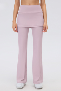 Women's Fake 2-Piece Skort Overlay Ruched Flare Yoga Pants