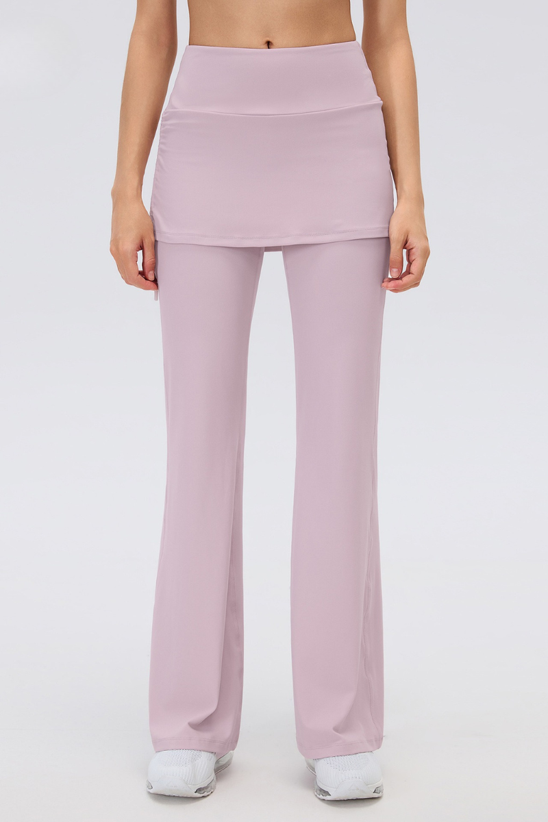 Women's Fake 2-Piece Skort Overlay Ruched Flare Yoga Pants